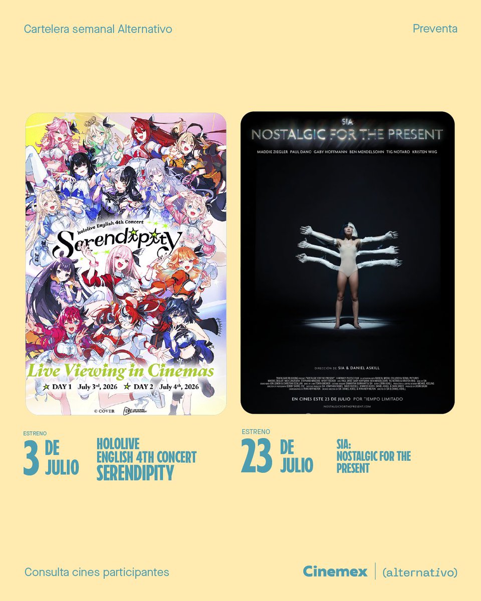 Cinemex's tweet photo. Los conciertos y contenidos exclusivos que quieres ver lo encuentras en Cinemex Alternativo. Checa la cartelera completa y déjanos saber cuál vas a ver. https://t.co/OBmkuFWWtC