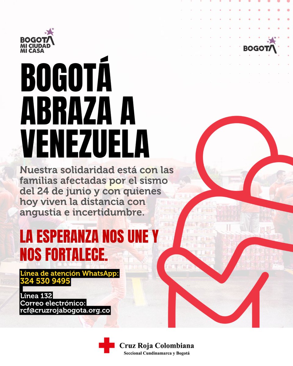 GobiernoBTA's tweet photo. 🟡🔴Bogotá abraza a Venezuela con un mensaje de cercanía y apoyo.

Hoy la ciudad acompaña a las familias que enfrentan momentos difíciles, recordando que la solidaridad y el cuidado mutuo fortalecen los lazos que nos unen como comunidad.

👉Para más información y orientación, consulta los canales dispuestos para acompañarte en este momento.