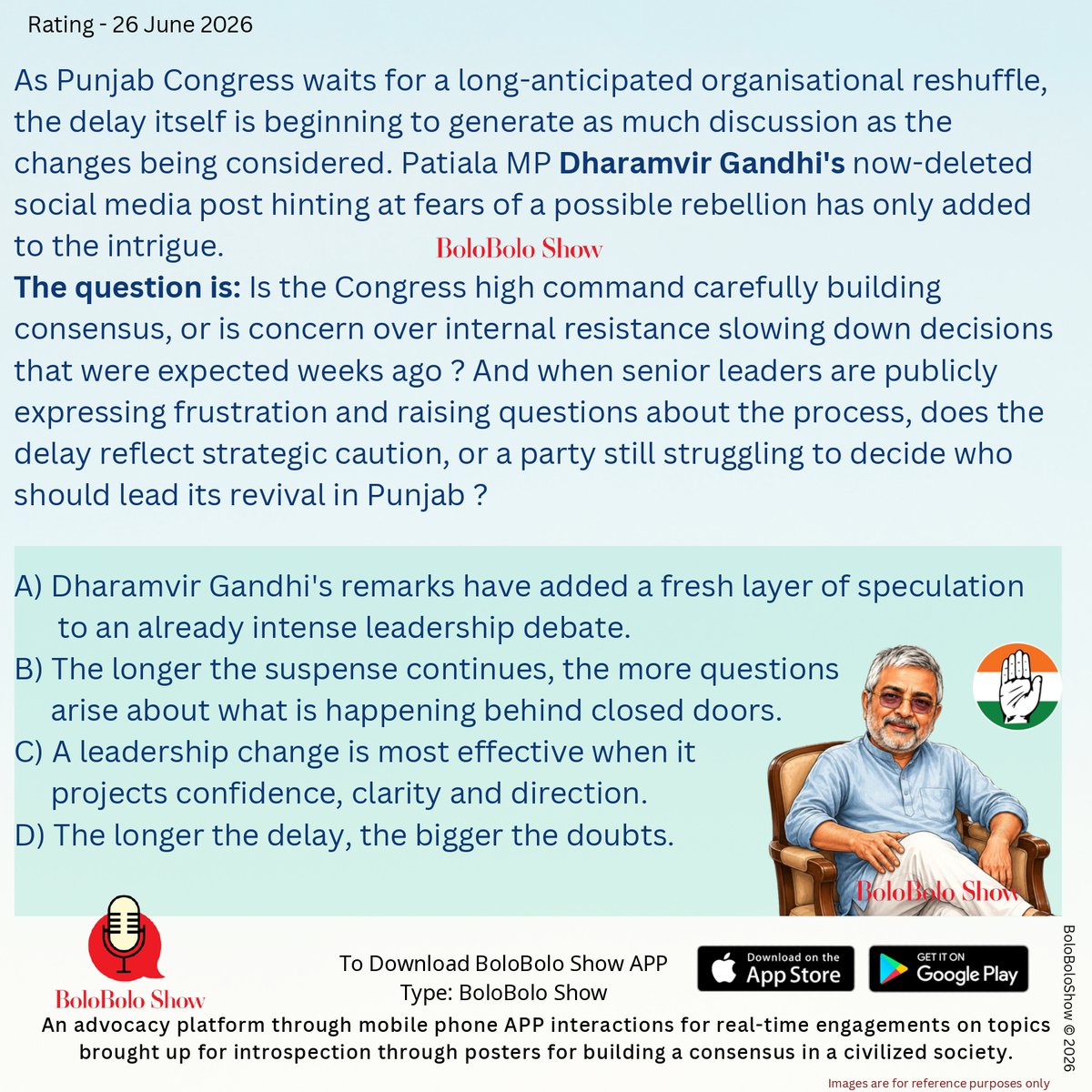 BoloBoloShow's tweet photo. After Dharamvir Gandhi's deleted post hinting at a possible rebellion, is Congress delaying Punjab's reshuffle to build consensus, or to avoid internal revolt?@DharamvirGandhi @RahulGandhi @INCPunjab https://t.co/dx91CjLnNx