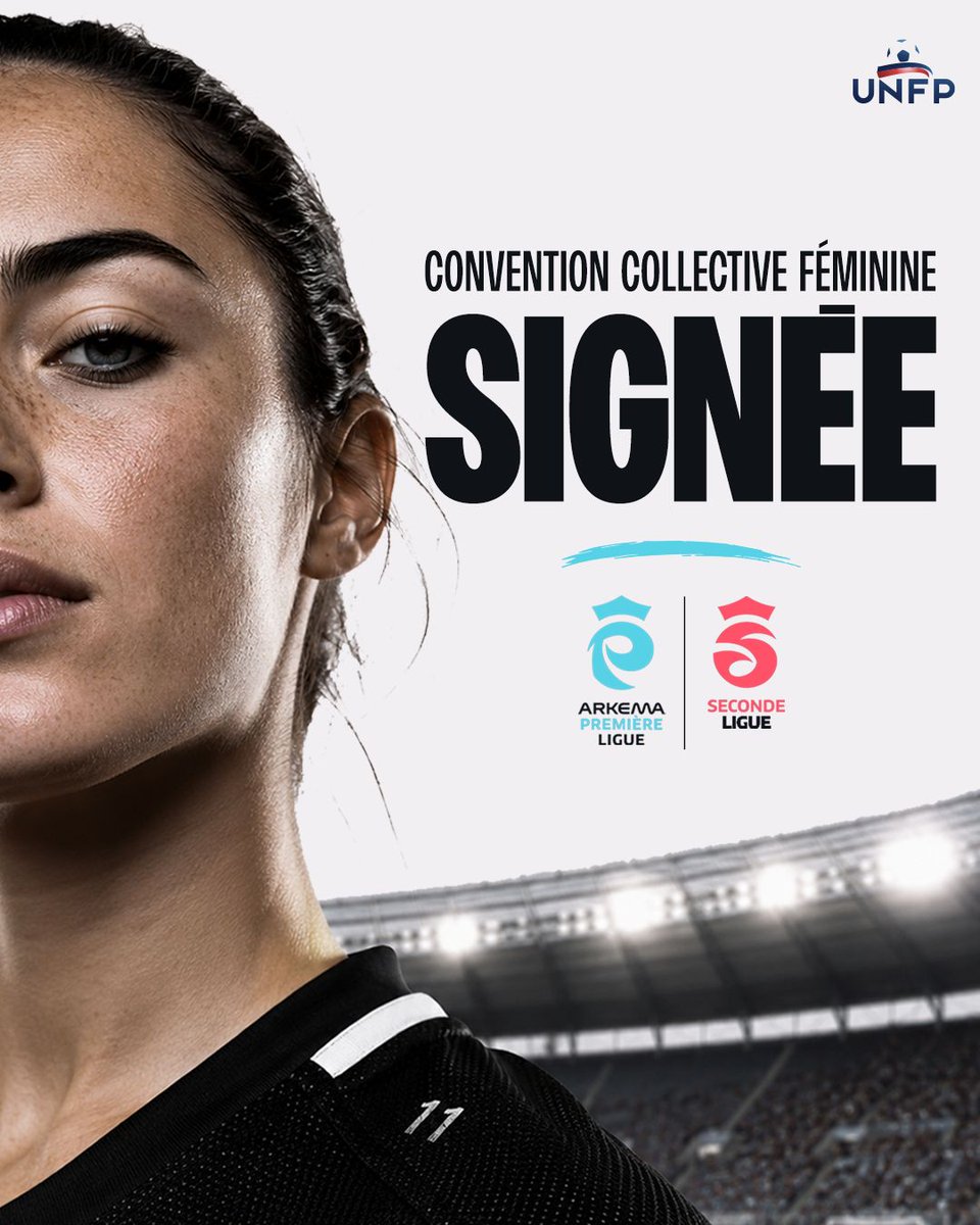 UNFP's tweet photo. Historique. ✍️

La première Convention Collective du football féminin professionnel est signée. Un cadre qui protège enfin le statut, la santé et l'avenir des joueuses de la @ArkemaPL  et de la @SecondeLigue .

Les principales avancées pour les joueuses à retrouver dans ce carrousel ✅

→ un écosystème professionnalisé
→ des garanties sociales concrètes
 → une protection renforcée, de la santé à la maternité
 → une gouvernance paritaire
 → un droit d'image collectif valorisé

Des droits nouveaux pour celles qui font vivre le football féminin.
