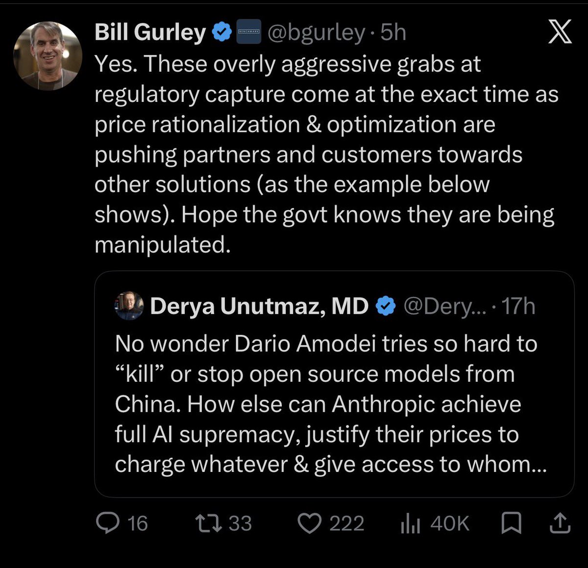 compound248's tweet photo. For whatever reason, @bgurley woke up at 4:00am and chose violence.

Anthropic and Dario dangling from the pointy end of his blade. https://t.co/fX7RhqFZQy