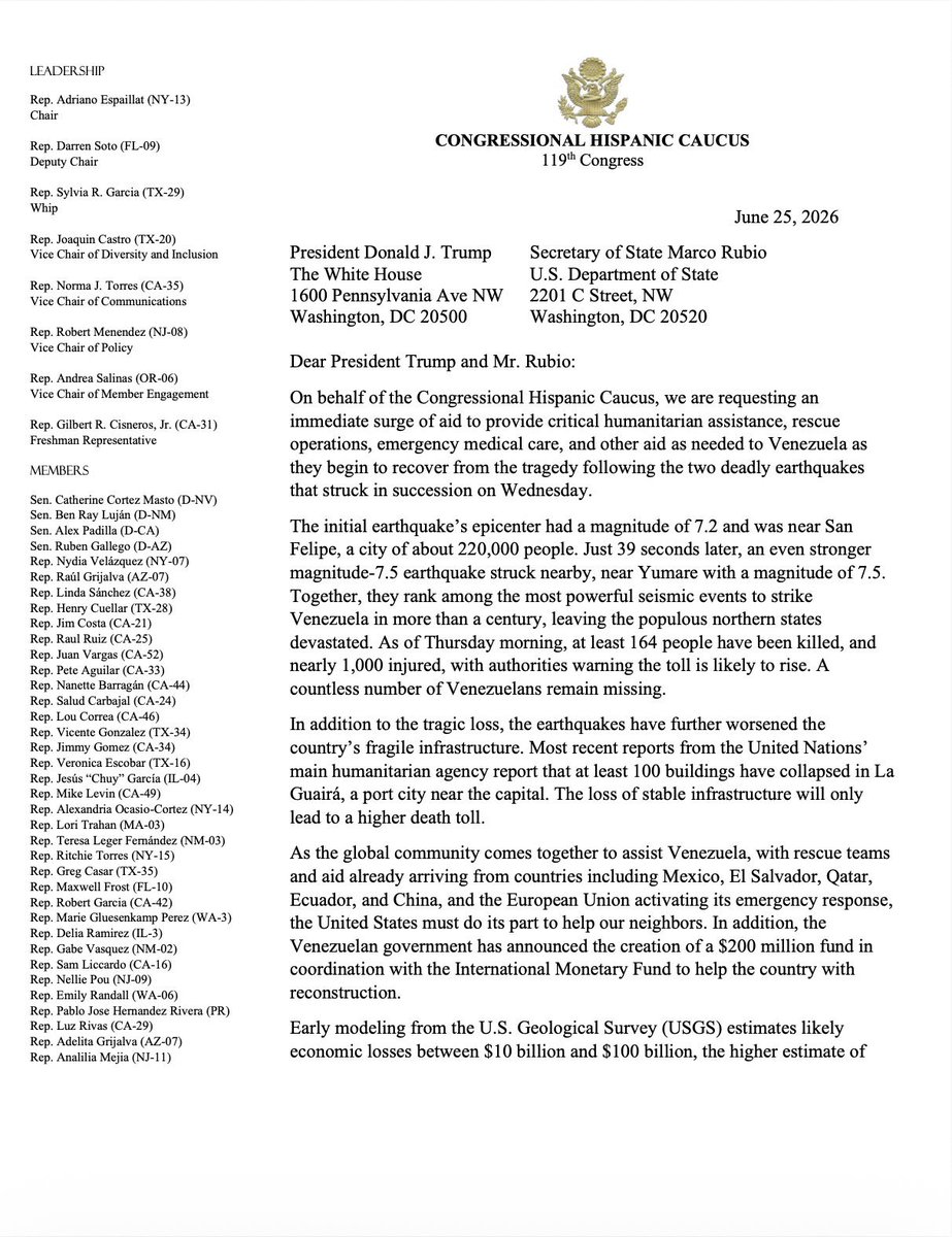 RepEspaillat's tweet photo. Our hearts embrace the families of the more than 200 fatalities and all who have been impacted by the devastating loss and tragedy following Venezuela’s catastrophic earthquake. 

As the global community comes together to support Venezuela during this critical time, the U.S. must provide aid and relief to support recovery and humanitarian efforts to the region. 

Read my letter with my @HispanicCaucus colleagues urging critical humanitarian assistance: