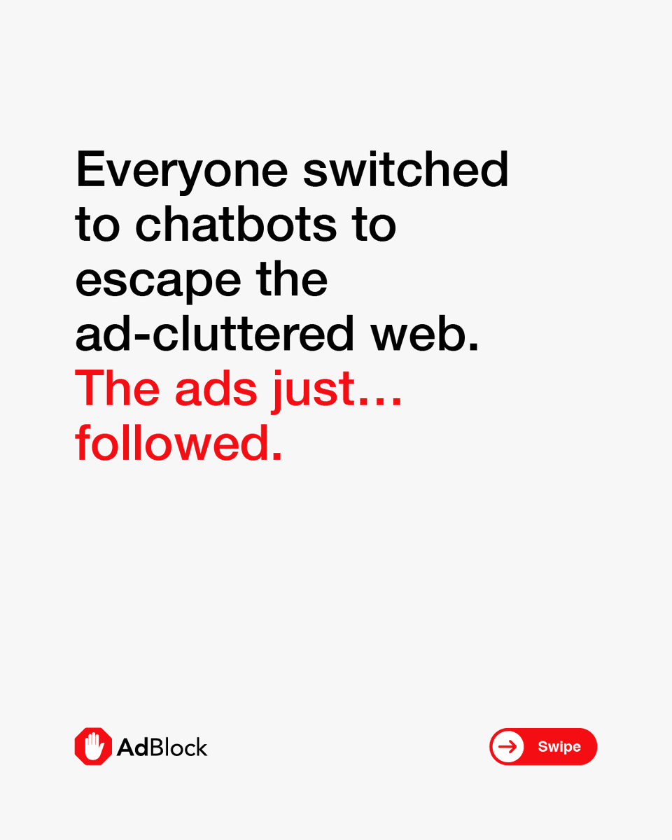 getadblock's tweet photo. Remember when ChatGPT just answered the question?
Yeah… those days are going. 
OpenAI's now chasing a $100B ad business — and the ads are landing in the one place people went to escape them. 🧵👇
#ChatGPT #privacy

(1/2) https://t.co/e6flnhFEco