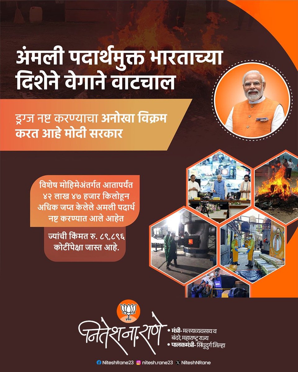 NiteshNRane's tweet photo. आदरणीय पंतप्रधान श्री.नरेंद्र मोदीजी यांच्या प्रयत्नांमुळे भारताने अमली पदार्थांविरोधातील लढ्यात उल्लेखनीय यश मिळवले आहे.

वर्ष २०१४ नंतर NCB द्वारे जप्त करण्यात आलेल्या अमली पदार्थांच्या प्रमाणात दुपटीहून अधिक वाढ झाली असून, अमली पदार्थांचा व्यापार करणाऱ्यांविरुद्ध नोंदविण्यात आलेल्या गुन्ह्यांमध्ये जवळपास तिपटीने वाढ झाली आहे. आतापर्यंत मोदी सरकारने ₹८९,८९४ कोटी मूल्याचे ४२.४७ लाख किलोहून अधिक जप्त केलेले अमली पदार्थ नष्ट करून ड्रग्ज माफियांविरुद्ध कठोर कारवाईचा ठोस संदेश दिला आहे.

मोदी सरकारच्या सक्षम नेतृत्वाखाली भारत ‘अमली पदार्थमुक्त भारत’ या संकल्पनेच्या दिशेने वेगाने वाटचाल करत आहे.

#DrugsFreeBharat