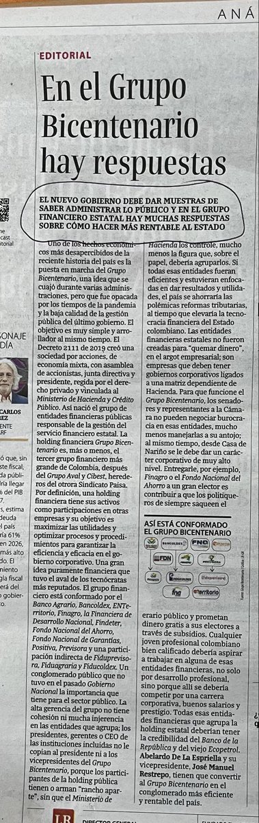 LuisGuillermoVl's tweet photo. Este editorial de @larepublica_co es una muestra de cuán profundamente enquistado está el estatismo en la mentalidad de los colombianos. El estado no tiene que ser rentable ni tener empresas de ninguna clase. Todo el grupo bicentenario, todas las empresas que mantiene el gobierno en el sector energético, incluida @ECOPETROL_SA , deberían venderse y destinar el dinero a la cancelación de la deuda externa. Este debería ser el primer anuncio del nuevo gobierno. Acompañado de un serio recorte burocrático, daría una poderosa señal a los mercados financieros.