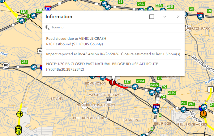 PaulCooked's tweet photo. Continued delay on I-70 by the airport - I-70 east at Natural Bridge #tisl @ksdknews https://t.co/Obxqmr7oco