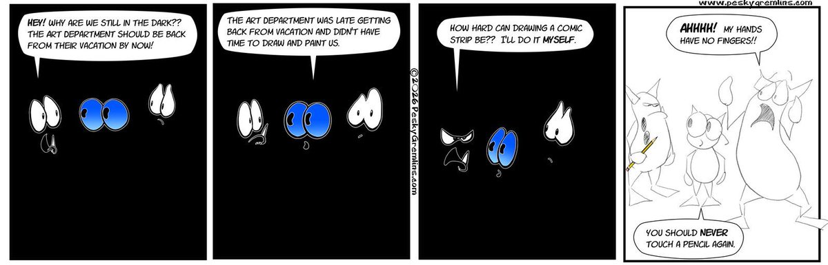 PeskyGremlins's tweet photo. Pesky Gremlins Comic 1012
"Vacation's Over"
https://t.co/5AuyyNVhaV
#comic #comics #webcomic #webcomics #cartoon #cartoons #cartoonart #gremlin #gremlins #cartoonstrip https://t.co/RaUN2gBdmf
