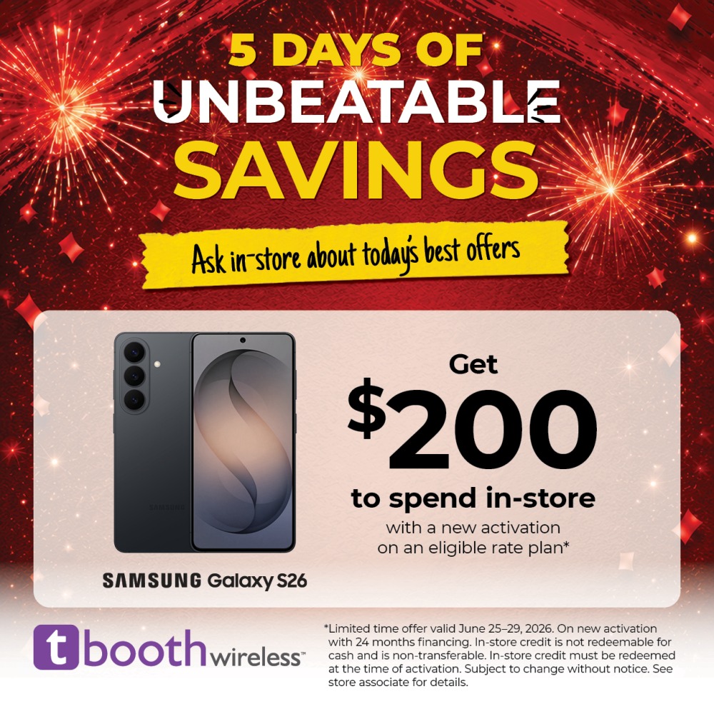 stoneroadmall's tweet photo. Tbooth wireless-Get $200 to spend in-store with a new activation of a Samsung Galaxy S26 on an eligible rate plan.*
*Limited time offer valid June 25–29, 2026. On new activation with 24 months financing. #stoneroadmall #StayTrue https://t.co/8Accc0QgnT