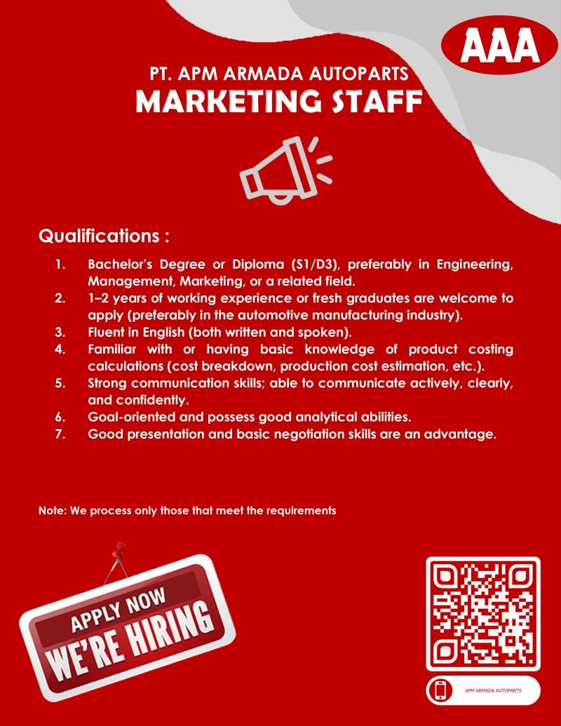 lokerbos's tweet photo. PT. APM Armada Autoparts is seeking top talent to join our growing team!

We are looking for candidates to fill the following positions : 

1. Ass.Manager / Manager HRGA
2. Marketing Staff
3. Sales Engineer Staff

https://t.co/8oKp9ANVjj

📷 Linkedin

#loker #lowongankerja #hiring