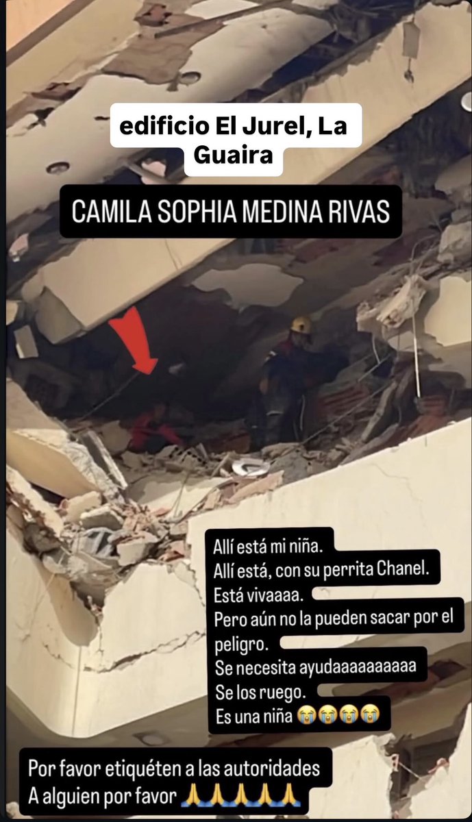 andreanodx's tweet photo. Seguimos buscando a Camila Medina en el edificio El Jurel, Playa Grande, Catia la Mar, La Guaira.

Esta atrapada en el piso 8 de lo que queda de pie del edificio, se necesita rescate aéreo. https://t.co/hx9aMa8vou