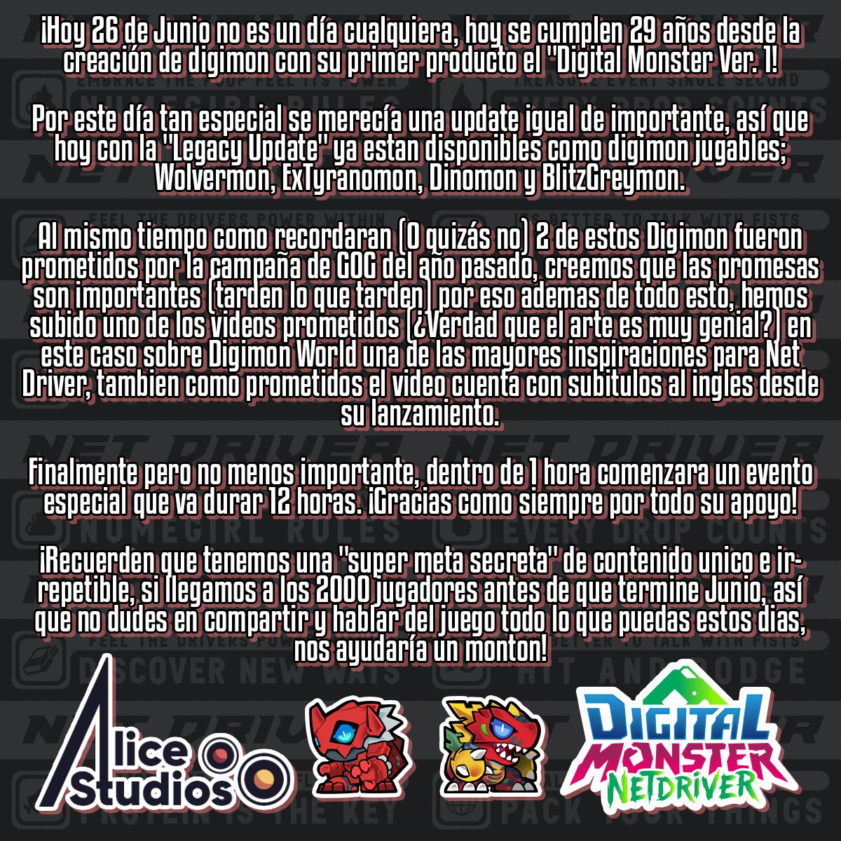 AliceStudios22's tweet photo. ES: ¡Hoy 26 de Junio no es un día cualquiera, hoy se cumplen 29 años desde la creación de digimon con su primer producto el "Digital Monster Ver. 1! Por esto, tenemos algo muy especial...

EN: Today, June 26th, isn't just a random day, today is Digimon's 29th anniversary since its debut with Digital Monster Ver. 1! Because of this, we have something very special...

Link: https://t.co/jHRXenWvTS