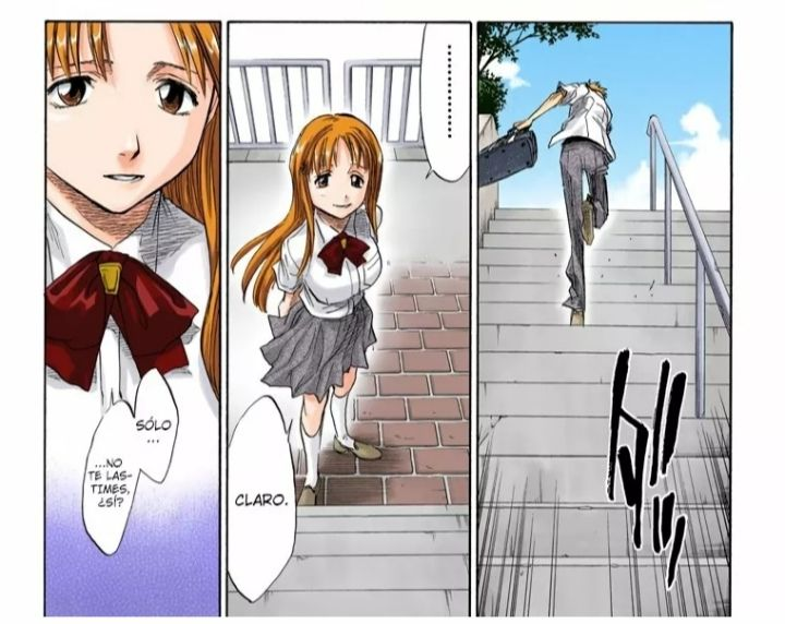 Ayu_San12's tweet photo. Una escena añadida es el panel de la espalda de Ichigo subiendo las escaleras, en donde Orihime lo mira irse desde abajo al inicio del arco de SS. Este recuerdo sucede en el monólogo de Orihime, siguiendo a Ichigo por las escaleras para la pelea contra Yhwach. https://t.co/mQLun5mpiY