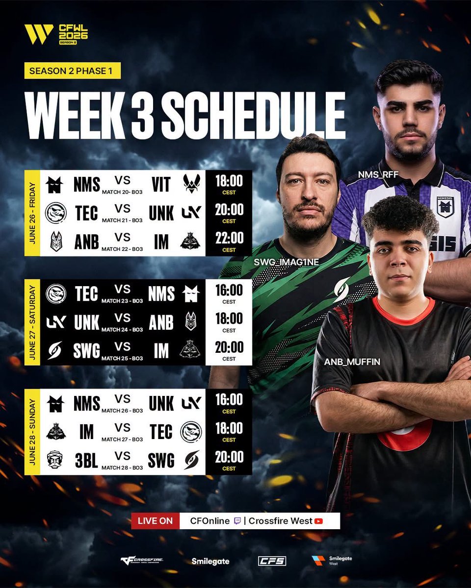 Esports_CF's tweet photo. We're heading into the last week of Phase 1 for Crossfire West League 2026 Season 2 ๐ฅ
Check out the last set of rivalries competing for this week! https://t.co/Y69VI0IG6z