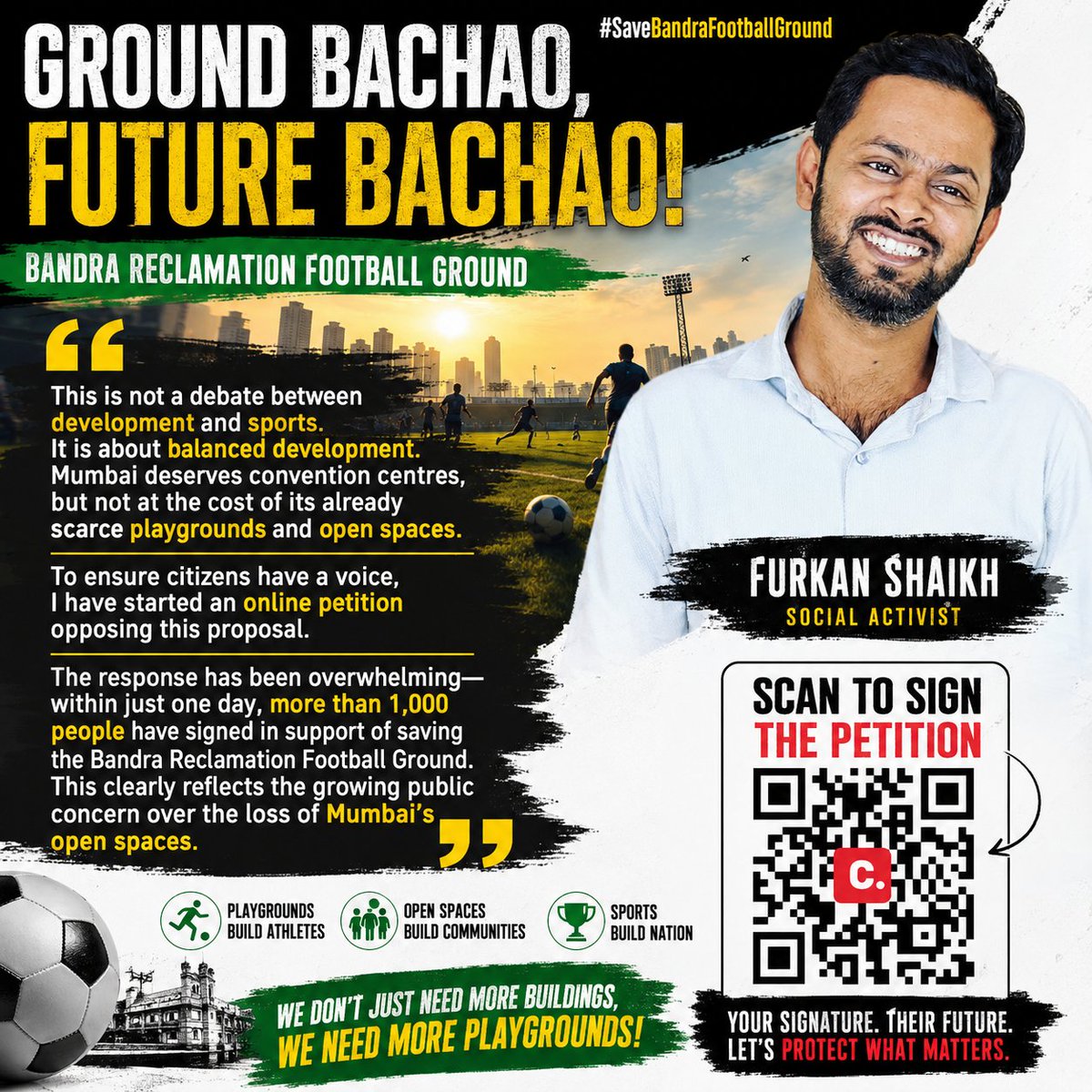 Furkanrshaikh's tweet photo. #Mumbai needs playgrounds, not fewer of them. ⚽ Over 1,000 citizens signed our petition in just 24 hrs to save #Bandra Reclamation #Football Ground. Pls reconsider this proposal. Pl Sign

 @CMOMaharashtra @Dev_Fadnavis @mieknathshinde @AUThackeray @supriya_sule https://t.co/9Mtn6sA09F
