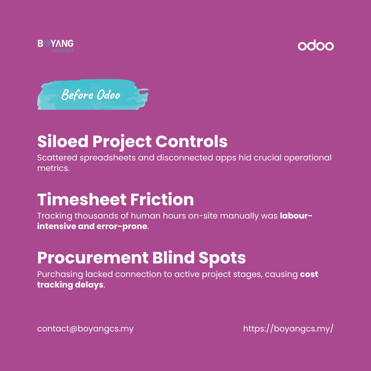 BYCSHK's tweet photo. How do you scale multi-site engineering builds without losing control of your margins?

This @Odoo case study breaks down how moving from scattered spreadsheets to a unified #Odoo engine delivers absolute operational clarity.

#BYCS #OdooProject #OdooMalaysia #ProjectManagement https://t.co/A5uL2sLVQl