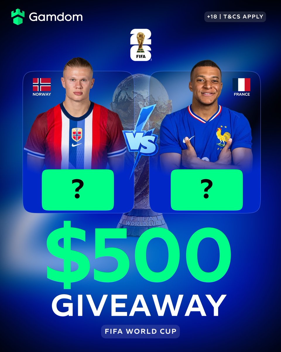 gamdomsport's tweet photo. 🌍 WORLD CUP GIVEAWAY 🌍

France vs Norway! Predict the correct final score and you could be one of 2 winners splitting $500! 💸

💚 Like this post &amp; Follow us!
🔁 + 🆔 KYC Level 2 verified Gamdom users only https://t.co/wFHny5kUm3