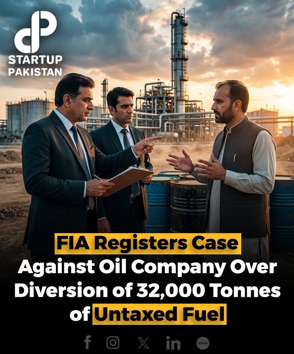PakStartup's tweet photo. The Federal Investigation Agency (FIA) has registered a case against an oil company over the alleged diversion of 32,000 tonnes of untaxed fuel, a move that reportedly caused significant losses to the national exchequer. 

According to officials, the investigation focuses on suspected violations involving the illegal handling and distribution of fuel intended for tax-exempt purposes. 

Authorities are examining financial records, supply chains, and other evidence to determine the extent of the alleged irregularities. 

The case highlights ongoing efforts to combat fuel smuggling, tax evasion, and financial crimes while ensuring transparency and accountability in Pakistan’s petroleum sector.

Disclaimer: This post is for informational purposes only and is based on publicly available reports. The image is AI generated and is just for reference.

#FIA #Pakistan #Fuel #OilIndustry #TaxEvasion #BreakingNews