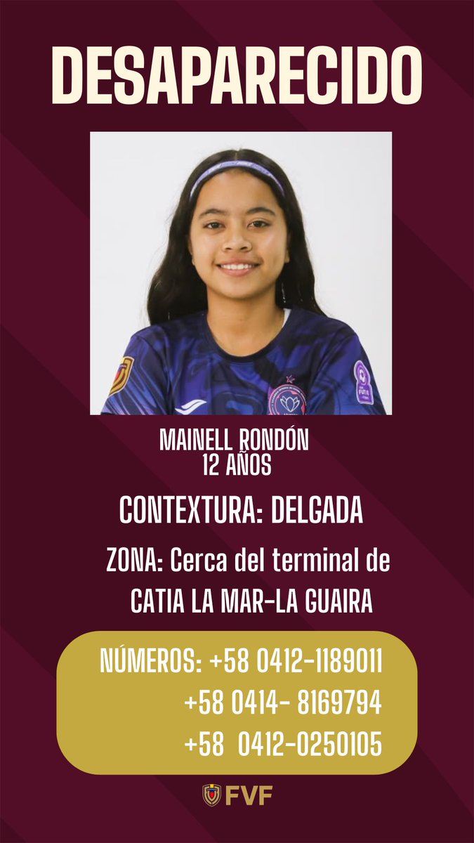FVF_Oficial's tweet photo. Ayudemos a encontrar a Mainell Rondón. 🙏🏻

Tiene 12 años y fue vista por última vez Catia La Mar, La Guaira.

Sus familiares necesitan cualquier información que pueda ayudar a dar con su paradero. 

📞 0412-1189011 
📞 0414-8169794
📞 0412-0250105

Compartir también ayuda. ❤️‍🩹 https://t.co/1RG5k2XYfk