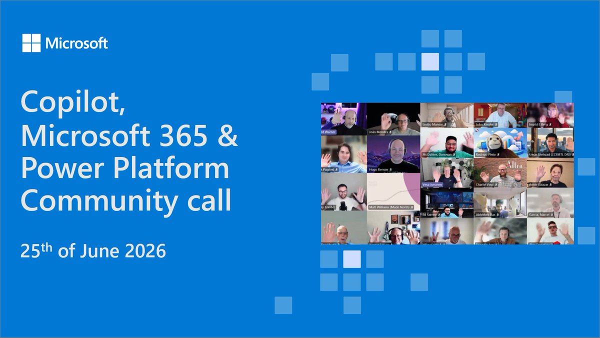 SharePoint's tweet photo. 📺 Recording of the #Copilot, #Microsoft365 &amp; #PowerPlatform community call 25th of June

• The latest updates ⚡
• Focus on #CopilotStudio, #SharePoint &amp; Presentation tooling
• Presented by @EzekielIbe3, @DavidWarnerII &amp; @bernierh

📺 Recording → https://t.co/Rm1VgZdKJI https://t.co/gAh025WQwt