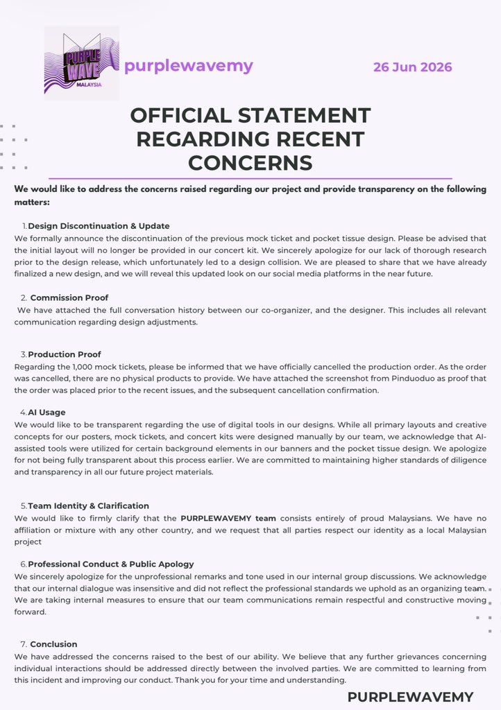 purplewavemy's tweet photo. 🚨 ATTENTION
We have released our Official Statement Regarding Recent Concerns.

We kindly ask everyone to read the statement before making assumptions or drawing conclusions.

Thank you for your patience and understanding as we remain committed to transparency and accountability https://t.co/vf0CZbozmm