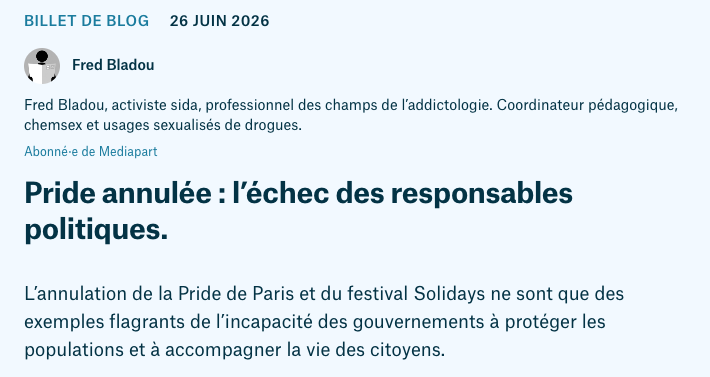 davidperrotin's tweet photo. «L’annulation de la Pride de Paris et de Solidays montrent l’incapacité des gouvernements à protéger les populations. Un État incapable de gérer la moindre situation de crise autrement que par l’interdit.»

Le billet de @fredhaimbladou 

https://t.co/WWq1bN9Ue7 https://t.co/40EHAzOkBM