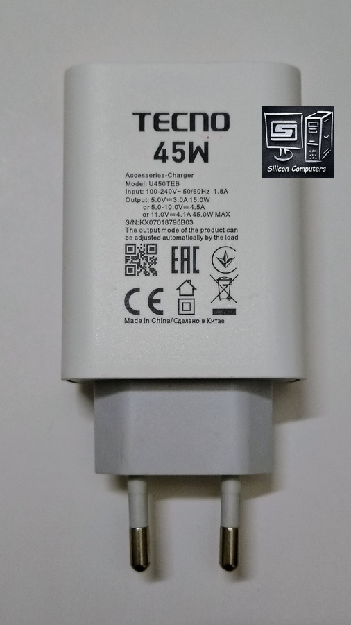 Siliconbwp's tweet photo. Original Tecno 45W Flash Charger Wall Unit showing its matte white premium build finish. https://t.co/SleFNQQaNy
