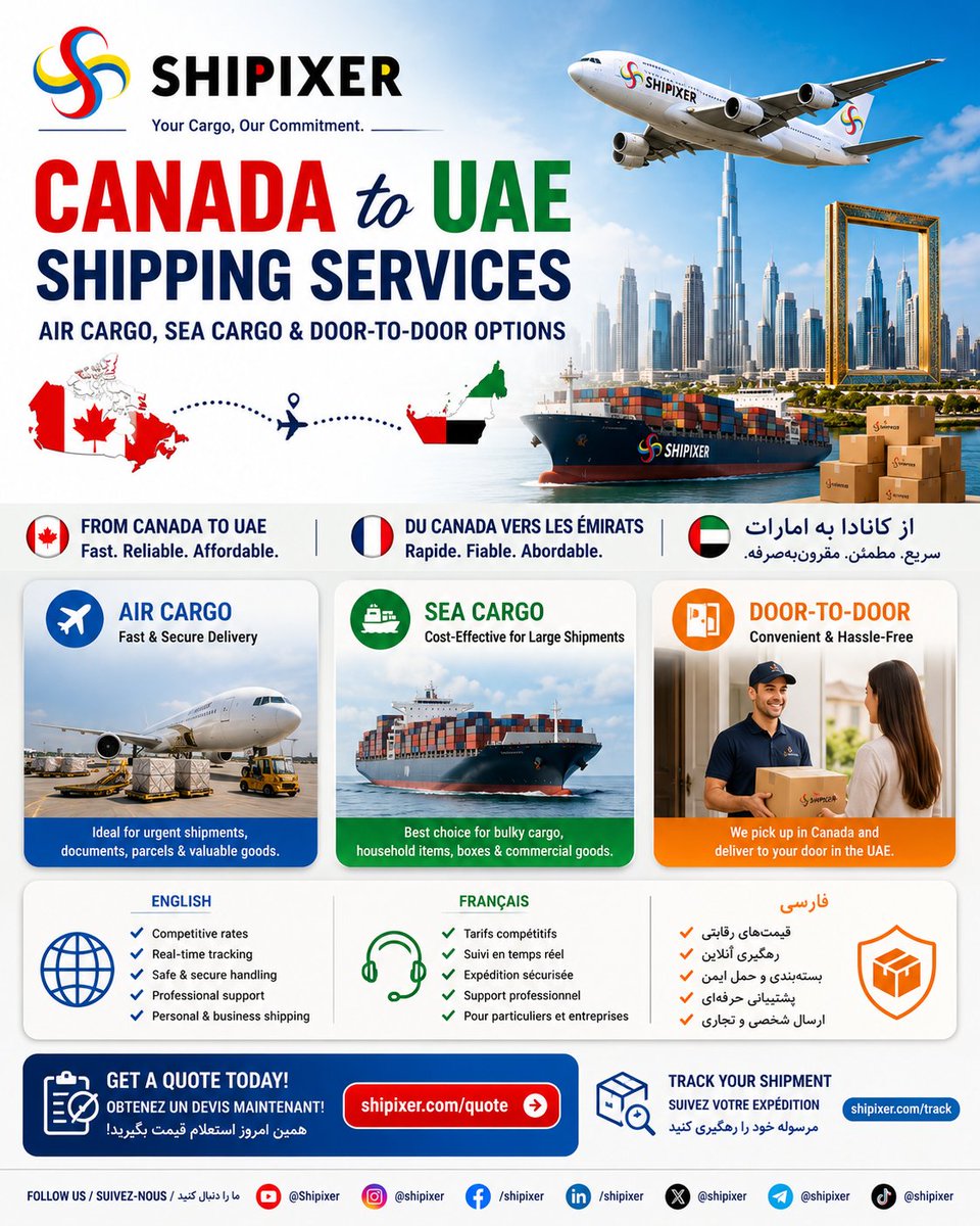 shipixer's tweet photo. 📦🇨🇦🇦🇪 **Canada to UAE Shipping Services | Expédition du Canada vers les Émirats arabes unis | ارسال بار از کانادا به امارات**

🌐 **https://t.co/wz8nOXSHYx**

✈️ Air Cargo • 🚢 Sea Cargo • 🚚 Door-to-Door Shipping
#Shipixer #CanadaToUAE #AirCargo #SeaCargo #DoorToDoorShipping https://t.co/HdqYYqE3wk