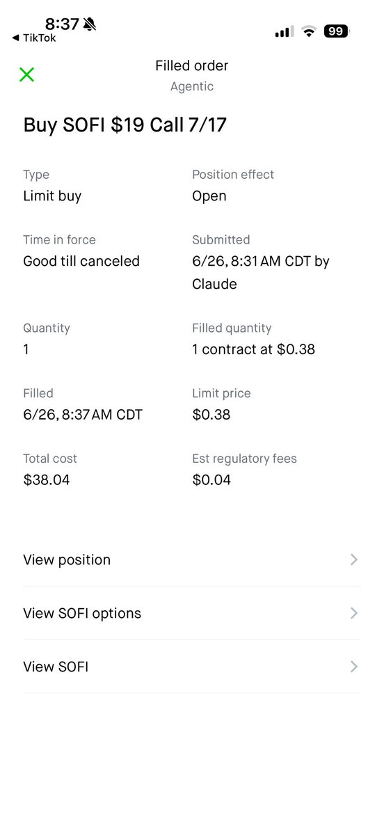 ApexCapital26's tweet photo. First trade. Let’s see how it plays out 🫡 #AgenticTrading #SOFI #Robinhood https://t.co/j9ElKRL3hM