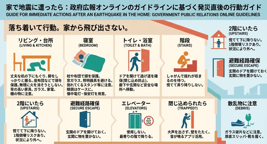 jibansaigai's tweet photo. 改めて、地震が続いています。
地震に遭ったときの行動ガイド。

今晩、我が家でできる備えを。
・リビングや寝室を安全な空間に
・倒れてくる、落ちてくるものがない部屋で過ごして
・スマホやモバイルバッテリーを充電して
・地震が起きたらどう行動するか考えて
・不確かな情報の流布に気をつけて https://t.co/CibQXNJfWn