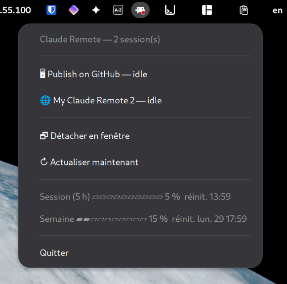 JonathanGuernon's tweet photo. For Linux & Claude users :

Claude Remote Tray
A small Linux system-tray indicator that shows the status of your Claude Code sessions — local ones and remote ones driven from https://t.co/ruGyDYvOoX — at a glance, plus your account usage limits.

https://t.co/RWJOAheND8

#ubuntu #linux #github #git #claude #clauderemote
