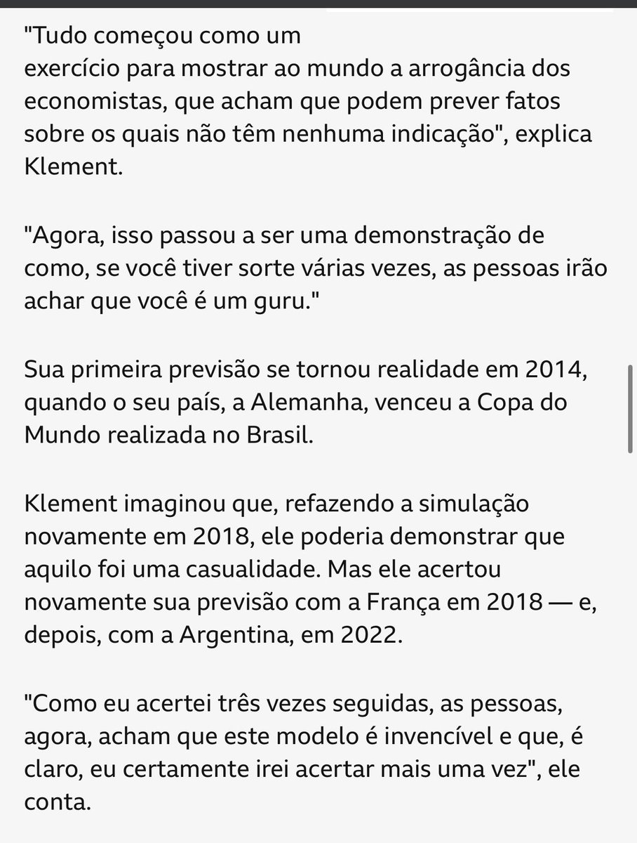 framengo1895's tweet photo. Joachim Klement, o guru da Copa, criou um modelo preditivo pra provar que os economistas não sabem prever nada. Só que o modelo dele acertou o campeão de 3 Copas. Ou seja, algo que ele criou pra ridicularizar as previsões, acertou mais do que todas. No fim, nem ele leva a sério https://t.co/h51nQP3z7O