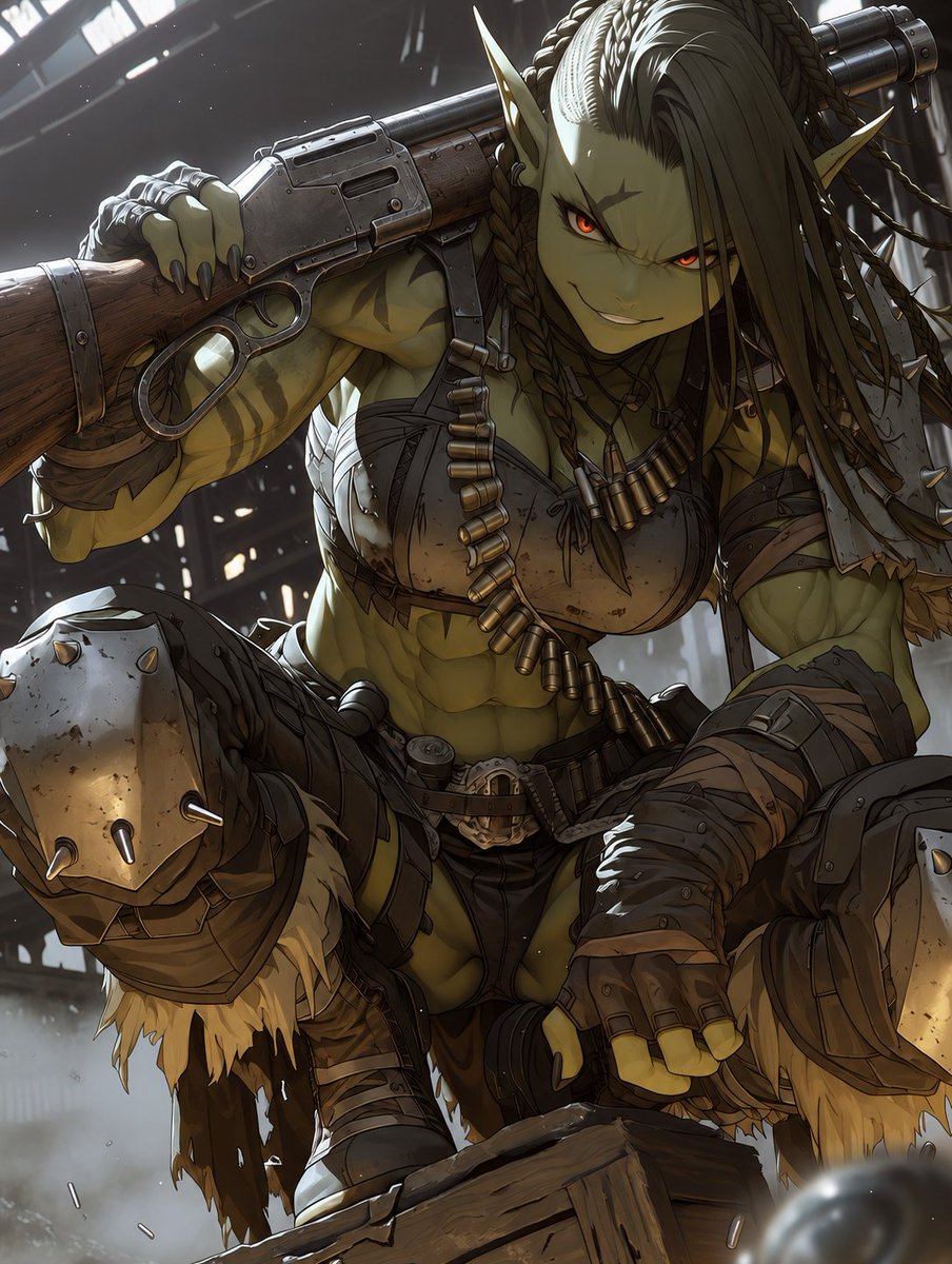 uenrura's tweet photo. She doesn’t need a throne. The battlefield already knows her name. 💚

“Try me... if you think you can keep up.”

#OrcGirl #FantasyArt #DarkFantasy https://t.co/ItY4nBHy9I