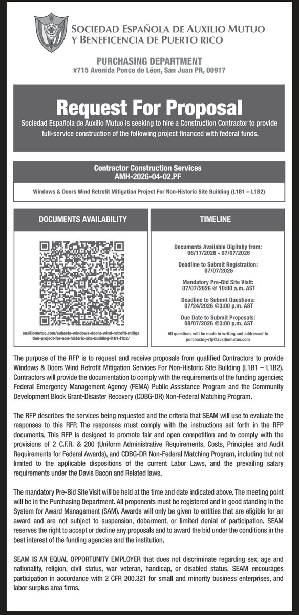 Cor3pr's tweet photo. 🔊 ¡Aviso público! La Sociedad Española de Auxilio Mutuo y Beneficencia de Puerto Rico solicita propuestas para desarrollar un proyecto de reemplazo de puertas y ventanas, financiado con fondos asignados por FEMA. 
⬇️Aquí más detalles. https://t.co/Z96qJmGsA3