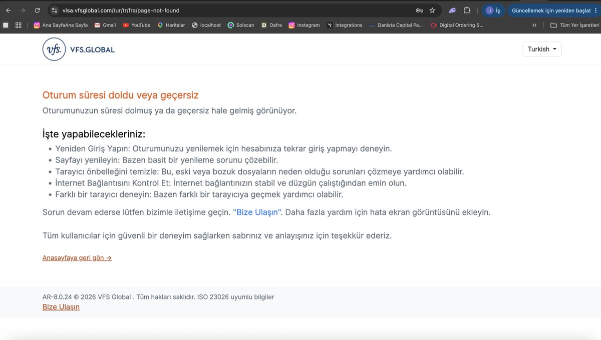 JankatSari's tweet photo. @VFSGlobal Merhaba, Fransa vizesi için kayıt olmaya ve randevu almaya çalışıyorum ama bir türlü günlerdir bu işlemi gerçekleştiremedim. VPN kullanmıyorum, cookie'lerim temiz, rate limit açısından zaten saatte hatta günde bir iki deniyorum kayıt olmayı ama sürekli bu hatayı alıyrm https://t.co/oRb26J7l87