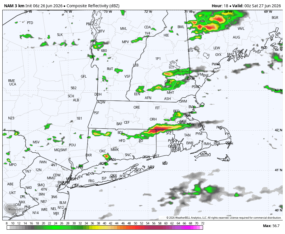 bobmaxon's tweet photo. The morning rain is out and skies are trying to brighten up. All morning I specified WINDHAM Co. has have the highest chance (still pretty low over all) of a thunderstorm late this afternoon and evening. The NAM agrees with me. SPC say the worst is to the north, but not far away! https://t.co/9eJtltpd8j