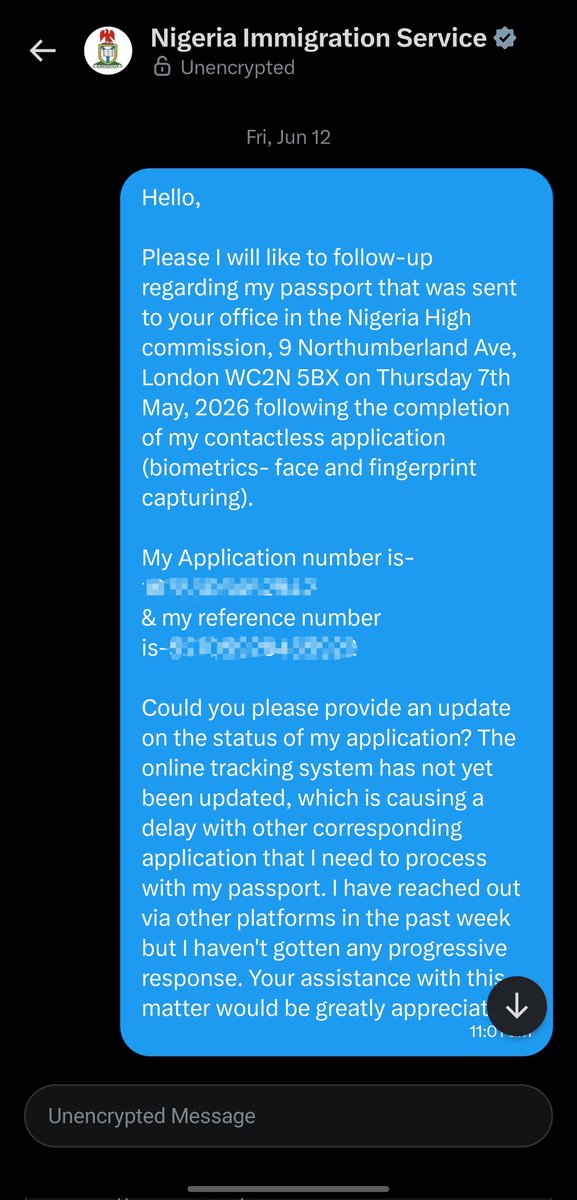 pricelessfraph's tweet photo. @nigimmigration Nearly 8 weeks since I trusted your "contactless renewal" idea in theory. I followed every step and I'm still in the dark about my passport
No tracking progress. No replies on any channel.
This is an official document. It deserves transparency. Please update me or at least reply https://t.co/5uDCpU3SPz