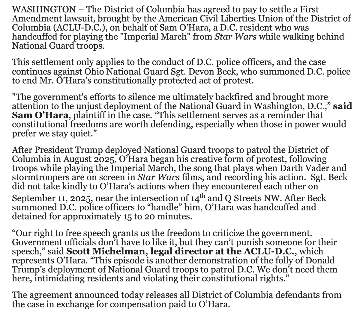 maustermuhle's tweet photo. Interesting: D.C. will pay an undisclosed settlement to resident Sam O'Hara, who was handcuffed by MPD for playing the "Imperial March" tune from Star Wars while walking behind National Guard troops in the city last September, per @ACLU_DC. O'Hara was detained for 20 minutes. https://t.co/mwGewNSFMf