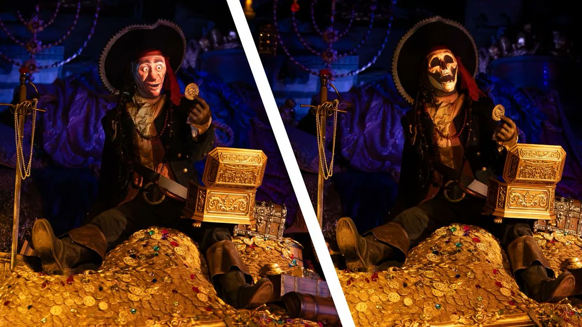 DrewDisneyDude's tweet photo. BREAKING: Walt Disney Imagineering’s next-generation Audio-Animatronics technology debuts TODAY in Pirates of the Caribbean at Disneyland.

The pirate figure transforms in seconds in front of Guests, from a human to a skeleton.

(Source: https://t.co/slFMXxXQZm) https://t.co/uZQV531QZg
