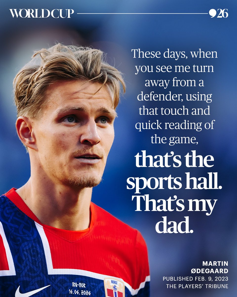 PlayersTribune's tweet photo. Growing up, Martin Ødegaard took football very seriously. It all paid off: “People always want to know what it was like for me growing up as a teenager in Norway with all that crazy hype. And, to be honest, I don’t know how to answer that. It’s strange to say but, at the time, it felt … normal.

I think I was too young — maybe a little too naive? — to fully understand, you know?

I think people imagine that I had to avoid everything they were saying about me in the press and live in a bubble, but I didn’t. I actually used to read everything they wrote about me. I would literally sit down and read the newspapers. But I read them like, O.K., cool. That’s nice. And that was it. I moved on.

I had a good family around me, good friends, a good life. I was just a kid who loved football. Proper, proper loved it. I was obsessed. There was an artificial pitch right next to my house in Drammen — literally 100 metres away — and I lived there for my entire childhood. Sometimes when I go back home now, I see kids on that same pitch just chatting, taking shots casually and I’m like, what are you doing?! That’s not how my friends and I played. We were out there playing tournaments, one-on-ones until it got dark. This was serious.

I was also lucky that I had my dad, Hans Erik. He was my club coach at my childhood club Drammen Strong and then at Strømsgodset until I was 13 and my personal coach from when I was a baby. He’d played in the top division in Norway as a midfielder, so if I wasn’t playing with my friends, I was training with him. Really training.

Maybe you think you know the story? Pushy dad making his son practice every day. But actually it was the opposite. I was the one pushing him. He knew things the other parents didn't. So I wanted him to teach me, to give me an edge.

He was particularly obsessed with me developing my awareness and quick feet. He was always getting me to look over my shoulder before receiving the ball. In winter, when we couldn’t play outside, he took me to the indoor sports hall and we would do drills where he’d play the ball off a bench and it would bounce back to me. He would come up behind, pressing me from one side and I had to look and adjust before receiving it.

These days, when you see me turn away from a defender, using that touch and quick reading of the game, that’s the sports hall. That’s my dad.

I was so focused on being the best at that time. I knew I was talented but I wasn’t getting ahead of myself. I was just enjoying playing with my friends for my hometown club.

Then things started progressing really fast.

When I was 13, I made my debut for Strømsgodset.

When I was 15, I became the youngest player to play for the Norway national team.

That’s when things really went crazy.” https://t.co/w0BE1ffMK0