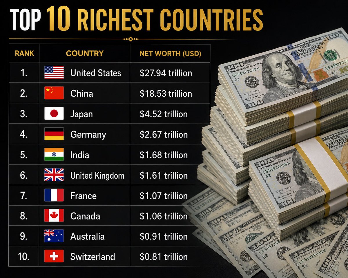 AlphaZayn_Ai's tweet photo. 💰 Top 10 Richest Countries in the World 🌍
Economic power shapes the future. From global innovation to financial strength, these nations lead the world in wealth.
📊 Which country surprised you the most? Share your thoughts below! 👇
#RichestCountries #Economy #GlobalWealth https://t.co/B55yi9FVvY