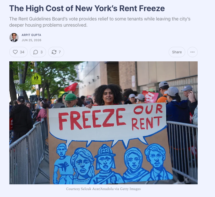 arpitrage's tweet photo. The Rent Guidelines Board recently voted for a two year rent freeze on NYC rent stabilized housing

I was the lone dissenting vote

I've written two pieces here; which highlight the challenges of a rent freeze and where to go next

https://t.co/IEtCz4dXZ6

https://t.co/P6tNyZ5YgS https://t.co/72QKdkHmcC