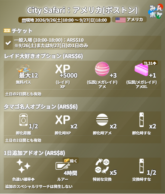pokemongo_db's tweet photo. 【City Safari：アメリカ(ボストン)】
⚡開催期間
現地時刻 2026/9/26(土)10:00 〜 9/27(日)18:00

✅ルチャブル、ドロバンコ、ネッコアラ等が登場
✅SPリサーチ、GOスタンプラリーでサファリ帽子イーブイを入手できる
✅特別なおみやげや交換ボーナスなど
（他の国での開催も同一の内容になります）

 https://t.co/XYplUZYtIP #ポケモンGO