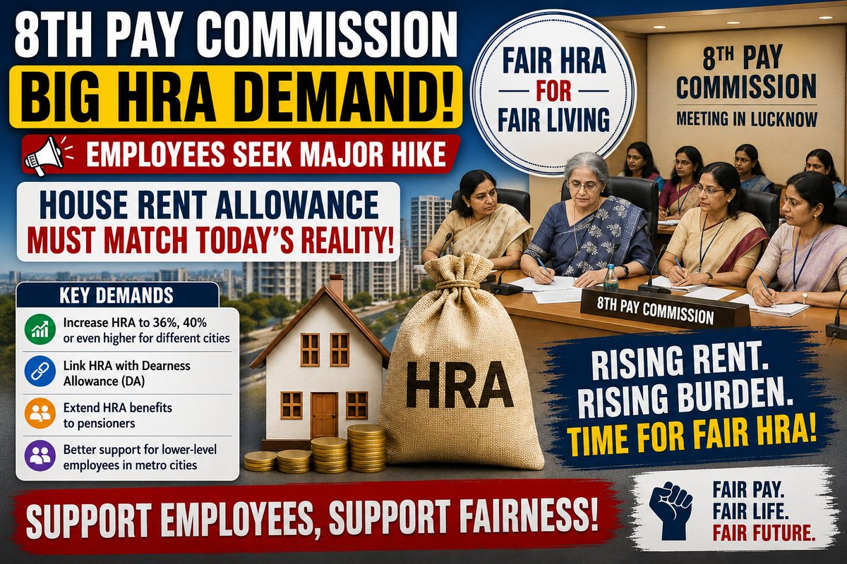 Digital_Nom4d's tweet photo. 🚨 MASSIVE HRA DEMAND BEFORE THE 8TH PAY COMMISSION!🏠💰

Central Government employee unions have urged the 8th Pay Commission to substantially increase House Rent Allowance (HRA) as soaring rents continue to burden employees. https://t.co/qGAOSEjw1h
