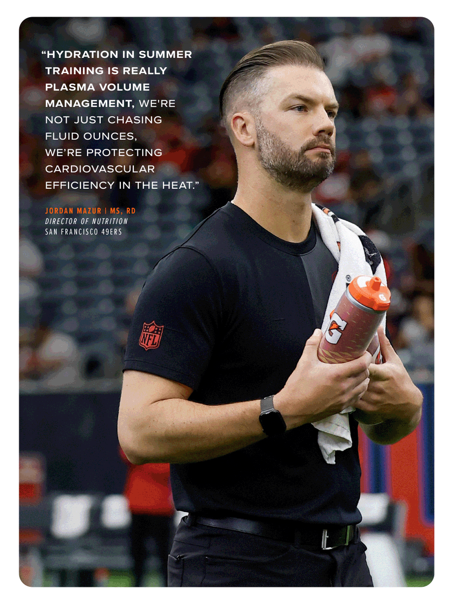 GPPartner's tweet photo. #Gatorade_Partner | Jordan Mazur, Director of Nutrition for the @49ers, knows summer hydration is more than fluids — it’s about keeping athletes fueled, balanced, and ready to perform day after day. @fuelingvictory https://t.co/6DmE1ixzVn