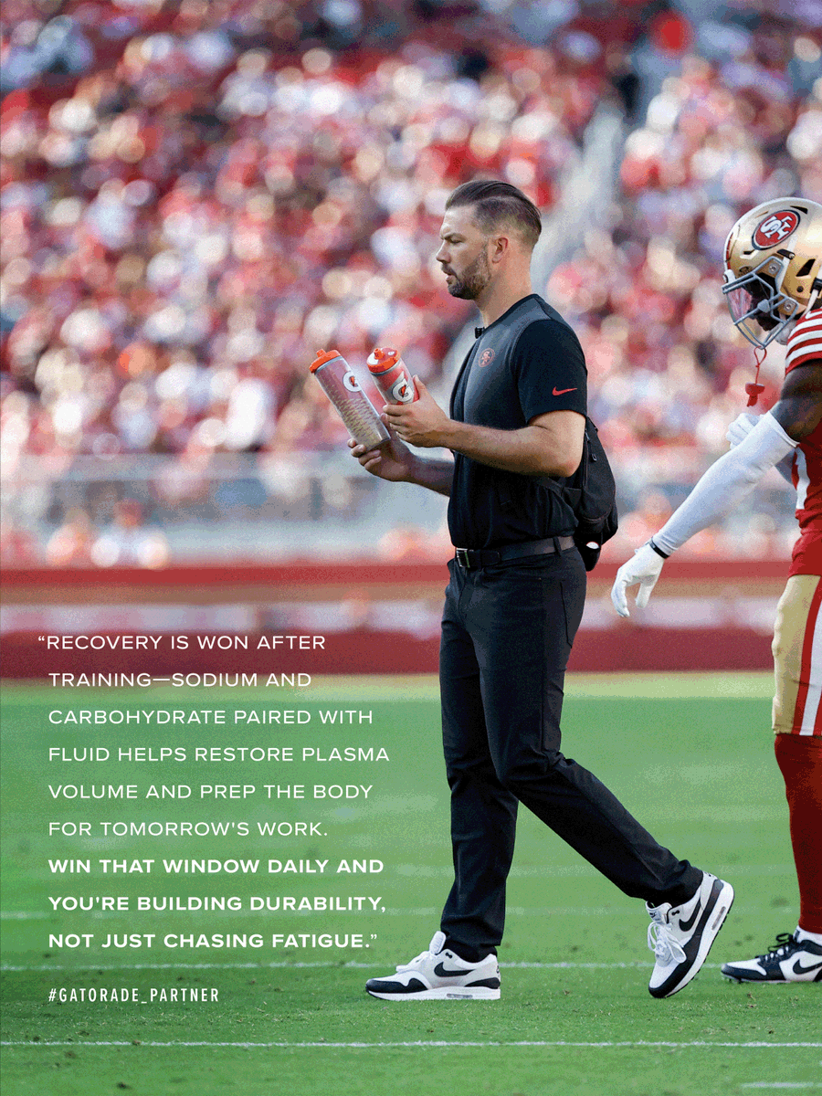 GPPartner's tweet photo. #Gatorade_Partner | Jordan Mazur, Director of Nutrition for the @49ers, knows summer hydration is more than fluids — it’s about keeping athletes fueled, balanced, and ready to perform day after day. @fuelingvictory https://t.co/6DmE1ixzVn