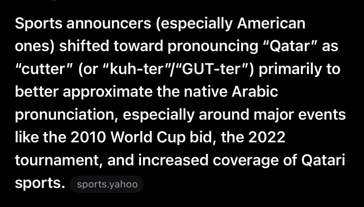 CanadianRed89's tweet photo. @JacquesHughesUK Türkiye had an official name change request in 2022. So I’m not particularly arsed with that. 

It’s Qatar that bothers me. Announcers pronouncing it “Cutter.” 

You wouldn’t pronounce hammer the same way as a Qatari. Just say Qatar. https://t.co/oFcXlPTOzo