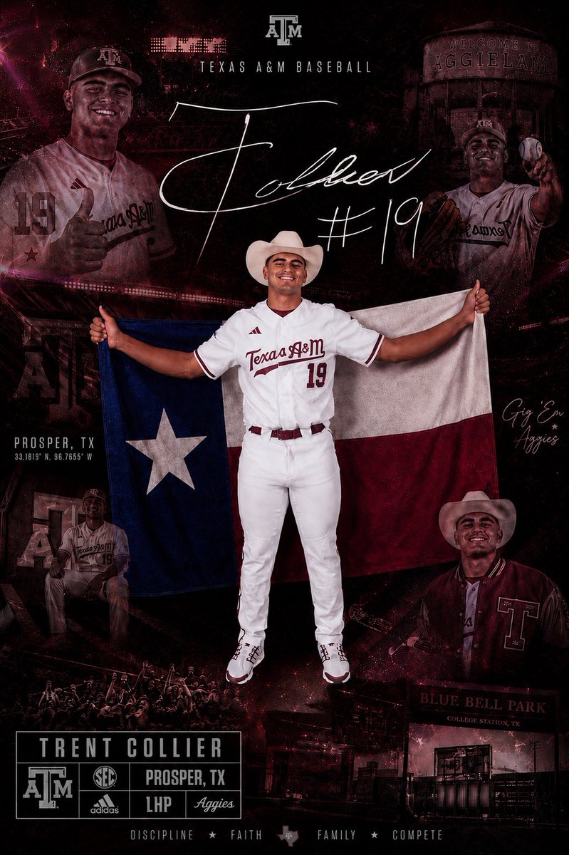 TrentCollier_19's tweet photo. I’m excited to announce my commitment to Texas A&amp;M University. Thank you to everyone who has supported me throughout this journey. Thank you to the A&amp;M coaching staff for this opportunity. All glory be to God! @AggieBaseball @earleybaseball @ncain39 @BarryEnright45 https://t.co/pp3fAkK1Di