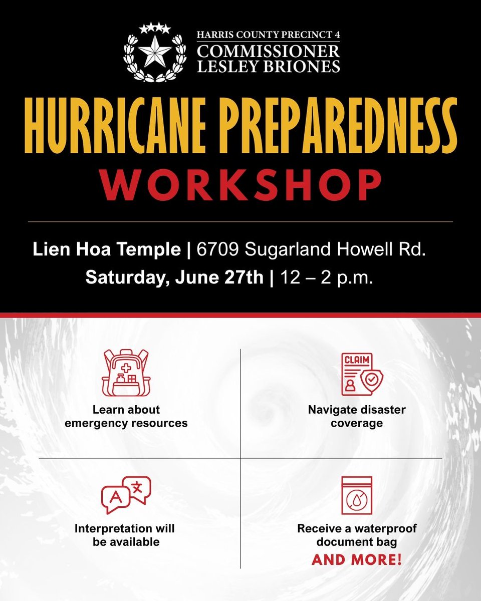 HCPrecinct4's tweet photo. Join us TOMORROW in Alief for our final Hurricane Preparedness Workshop to get the information, resources, and tools you need to stay safe this hurricane season. 
📍 Lien Hoa Temple | 6709 Sugarland Howell Rd, Houston, TX 77083 
⏰ June 27 | 12–2 p.m. 
RSVP: https://t.co/Jun1IxQxVi 
#HCPrecinct4 #HurricanePreparedness