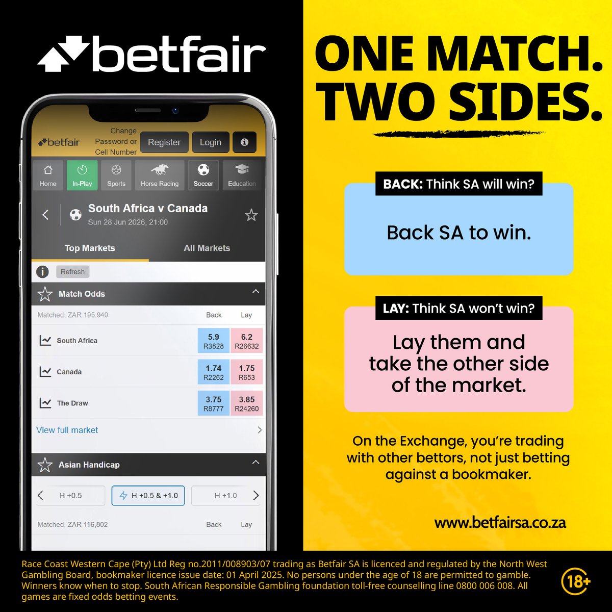 BetfairSA's tweet photo. South Africa stepping onto the big stage?
Are you backing the boys or taking the lay?
Your odds, your bet – Betfair it.
#BetfairSA #Betting https://t.co/ORUtRHSeB5