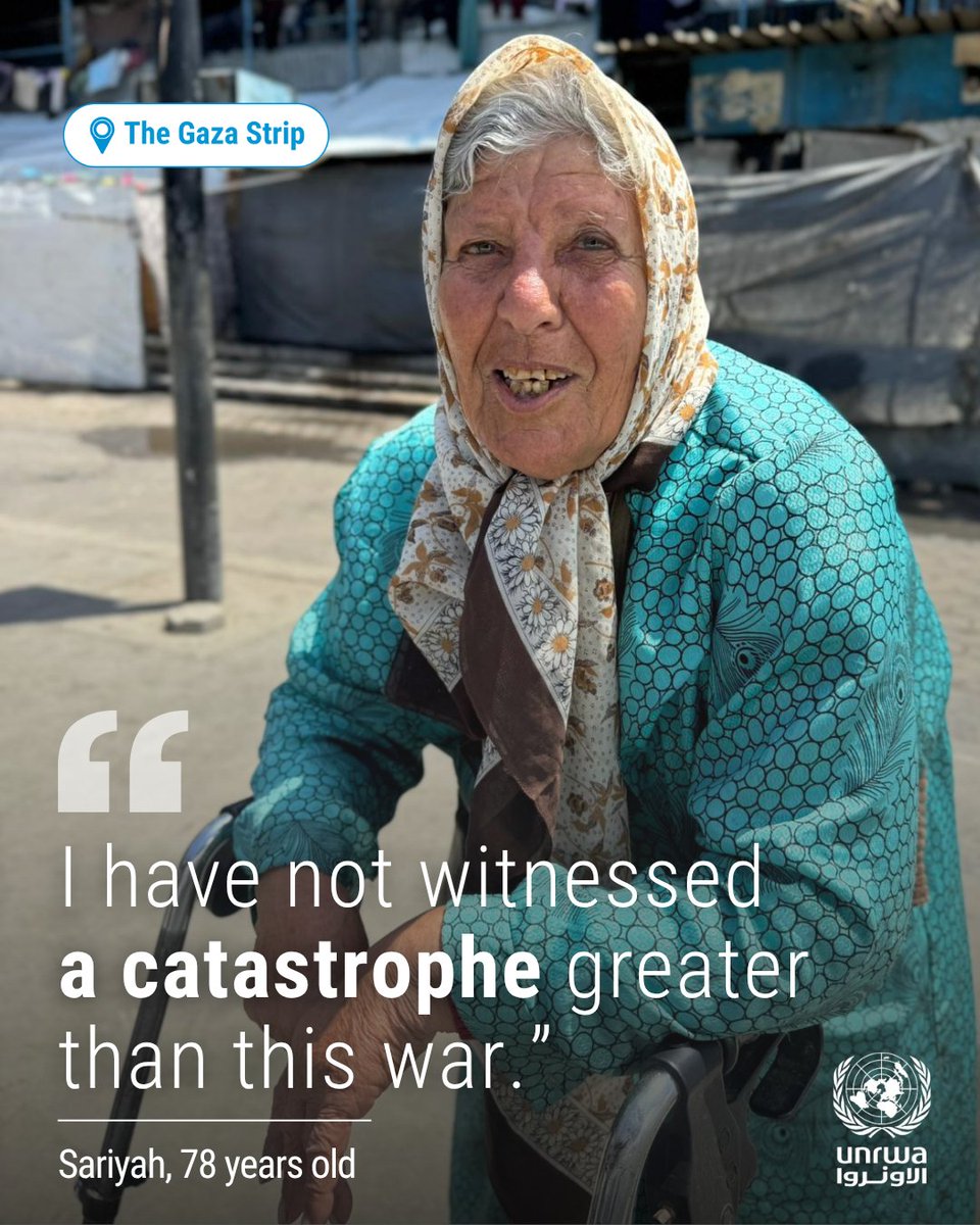 UNRWA's tweet photo. Between 1946 and 1948, more than 700,000 Palestinians were displaced from their towns and villages.

Born in 1948, #Palestine Refugee Sariyah has known many hardships. Yet the most recent conflict was the toughest. 

Sariyah lives in an UNRWA shelter in #Gaza, relying on the Agency’s emergency support including food, medicine and essential supplies. She worries that even her most basic needs may not be met if UNRWA is not allowed to bring in supplies.  

#UNRWAworks to ensure Sariyah and many others receive urgent food and medicines, and feel safe.   

#WorldRefugeeDay